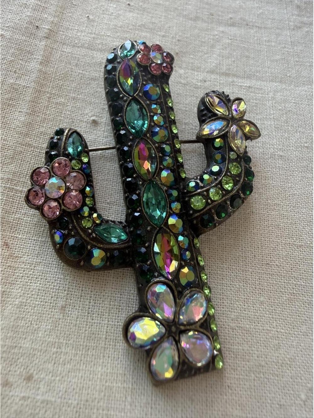 Multicolor Rhinestone Cactus Statement Brooch - Picture 2 of 4